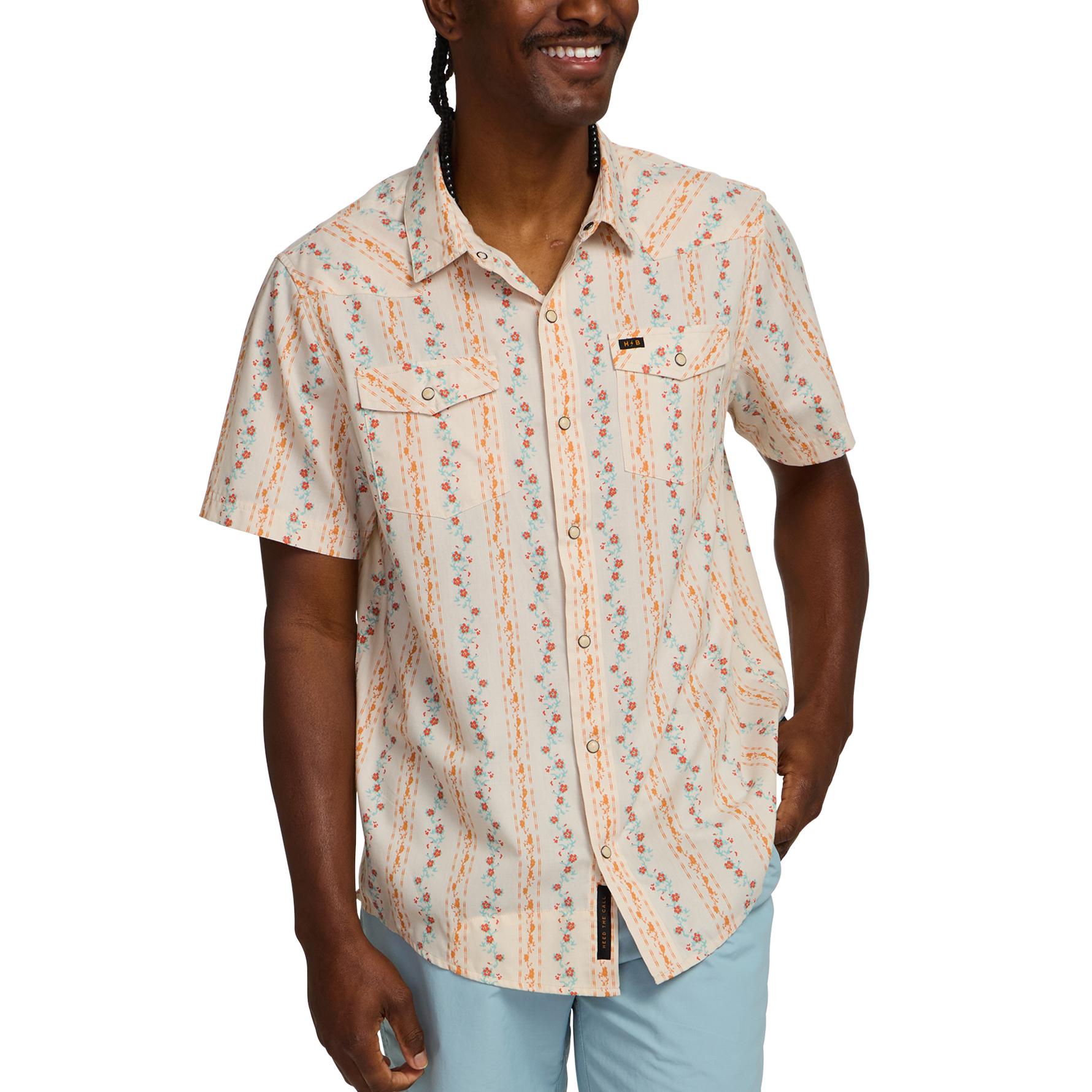 Howler Brothers Free Range Fleece Pullover Men's in Hibiscus Ribbons Riverbed Oxford